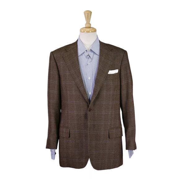Luciano Barbera Brown Knit Woven Windowpane 100% Cashmere 2-Btn Blazer 42R